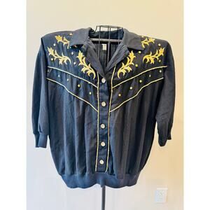 Adolfo Sport Western Blouse Black Gold Embroidered woman’s Detailed Buttons 2X